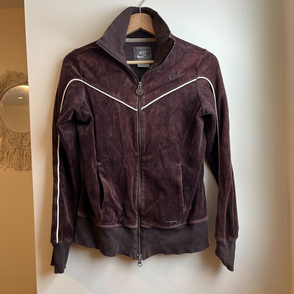 Vintage Nike Velour Sportswear Brown Zip-Up Embroidered Logo Size Small